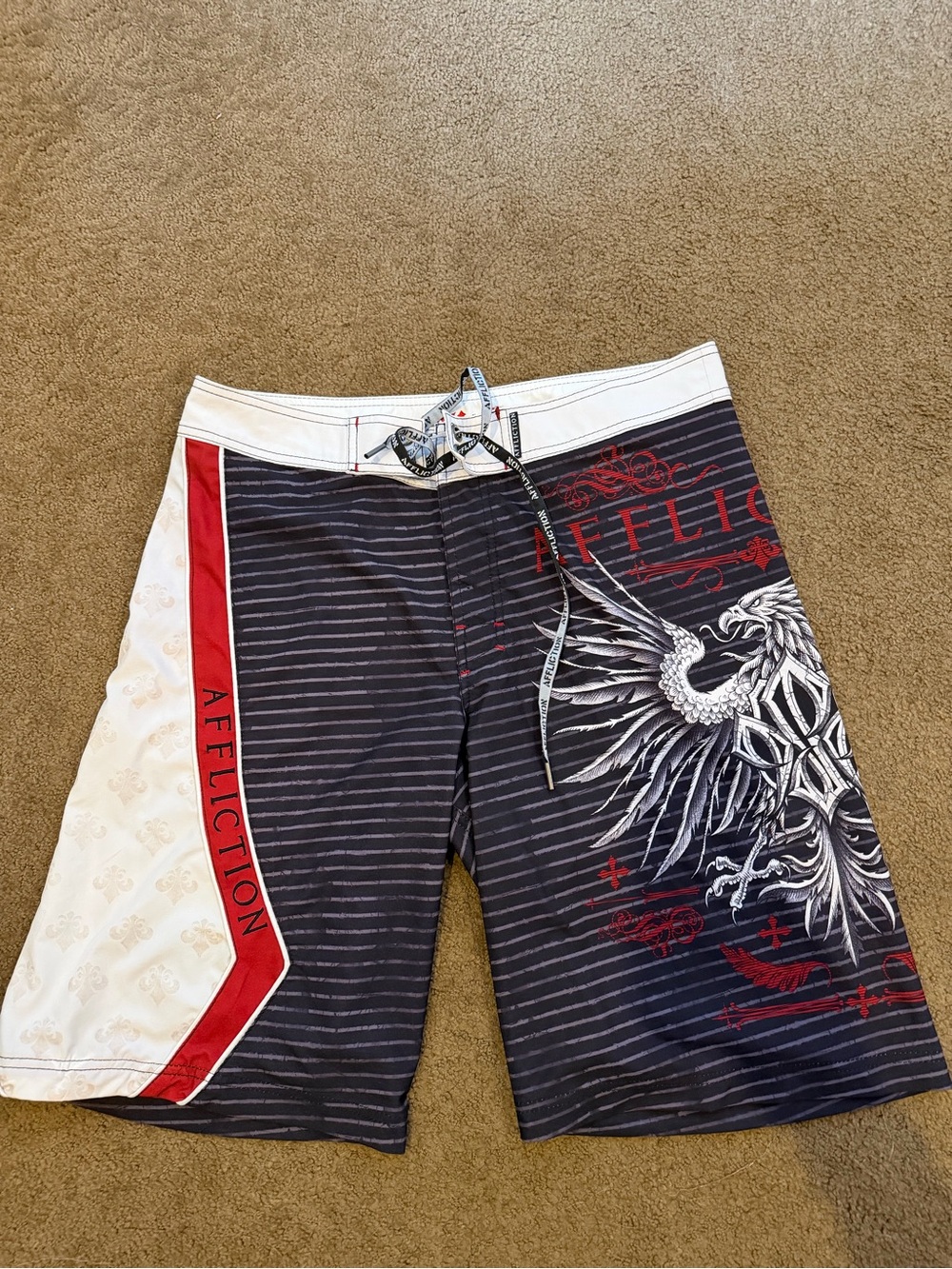 Affliction Black, White & Red Eagle Graphic Board Shorts